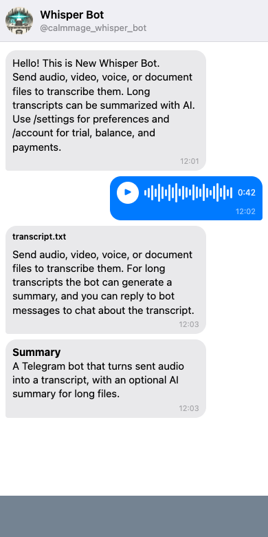 Telegram chat with Whisper Bot: a voice note is sent and a transcript plus summary come back